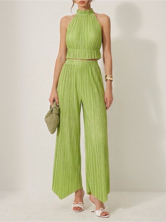 Commense Pants - Women’s Lime Green Pleated Wide-Leg Pant Set